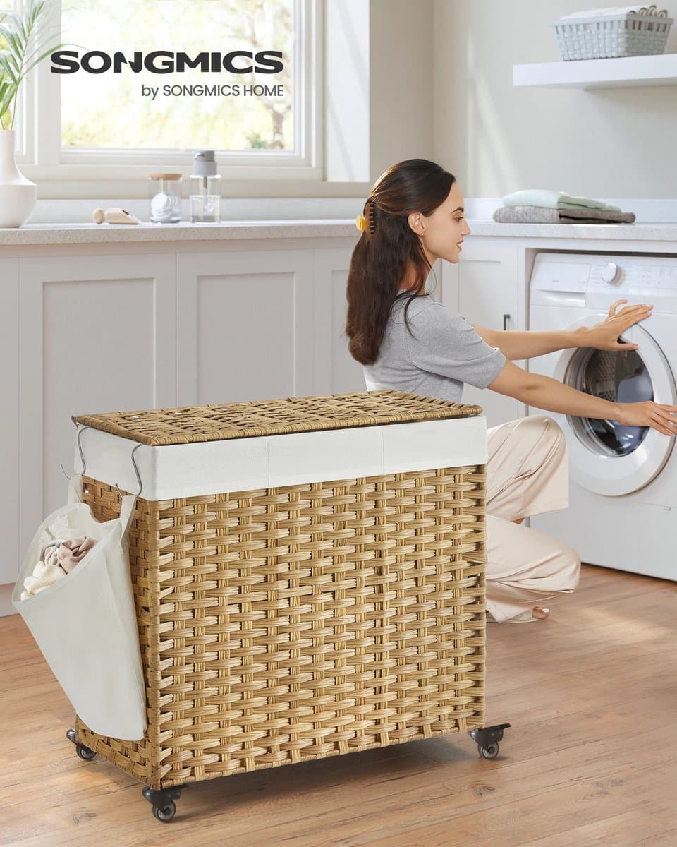Prime Home Wasmand - Wasmand 3 vakken - Wasmand met deksel - Waszakken - Waszakken voor wasgoed - 140 L - 66 x 33 x 66cm - 30 kg Belastbaarheid — afbeelding 1