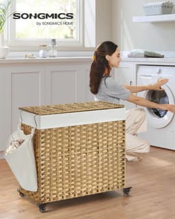 Prime Home Wasmand - Wasmand 3 vakken - Wasmand met deksel - Waszakken - Waszakken voor wasgoed - 140 L - 66 x 33 x 66cm - 30 kg Belastbaarheid — thumbnail 1
