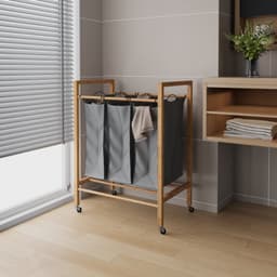 Bamboe Wasmand met 3 Vakken - Wassorteerder met Uitneembare Waszak - Wasmand met Wielen - 90L Kleding Sorteerder voor Badkamer, Slaapkamer en Wasruimte — thumbnail 5
