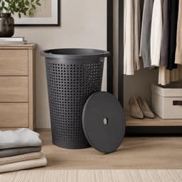 Storage Solutions Wasmand met deksel - 2x - donkergrijs - 35 liter - 40 x 52 cm - kunststof - rond - wasbox - mand voor wasgoed — thumbnail 5