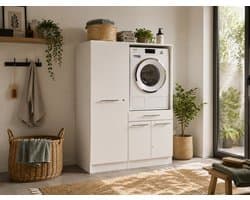 KitchenettesDirect® Laundry Wasmachine verhoger met lade en Linnenkast - Wasmachine ombouwkast - Wasmachine kast - Wit - Hoogte 162 cm - Wasmachine ombouw meubel