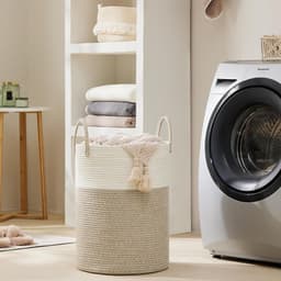 SnelShoppen - Wasmand Gevlochten Wasverzamelaar, Speelgoed Opbergmand met Handvat, Handgemaakt van Katoen, Wit en Bruin, Ideaal voor Kinderen, Woonkam — thumbnail 2