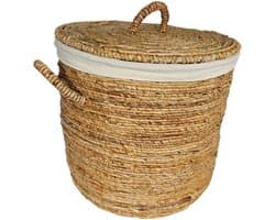 Waterhyacint Wasmand Groot Ø55cm | Linnen Voering & Gevlochten Handvaten | Deksel | Badkamer