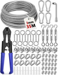 SnelShoppen - 35M 3mm Roestvrij Staal Staalkabel Kit met 74 Stuks Oogjes, Touwspanner en Spanschroef voor Trellis, Verlichting, Waslijn en Gordijn Oph — thumbnail 1
