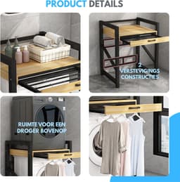 Livista Wasmachinerek - Wasmachine kast - Badkamerrek – Ruimtebesparende Wasmachine Organizer – Stalen Frame – 3 Hoogtestanden – Water-, Kras- en Hittebestendig Werkblad – Antislip Voetjes – Uitschuifbare Hangstang - 200 kg Draagvermogen - Zwart/Hout — thumbnail 2