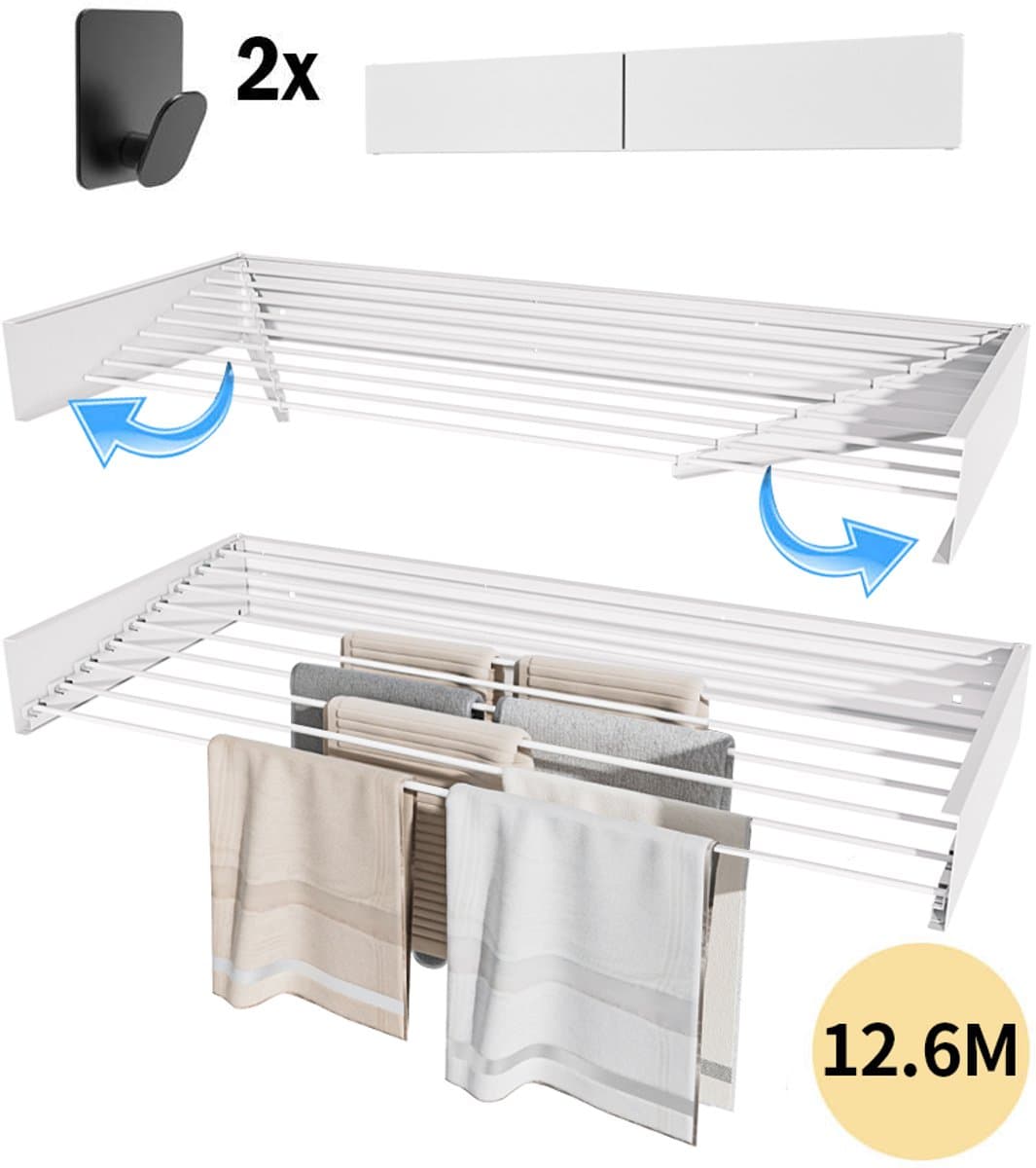 PLAY IT Wanddroogrek 140cm Inklapbaar XXXL Wit - 12.6 Meter Drooglengte + 2 Handdoek Haakjes — afbeelding 1