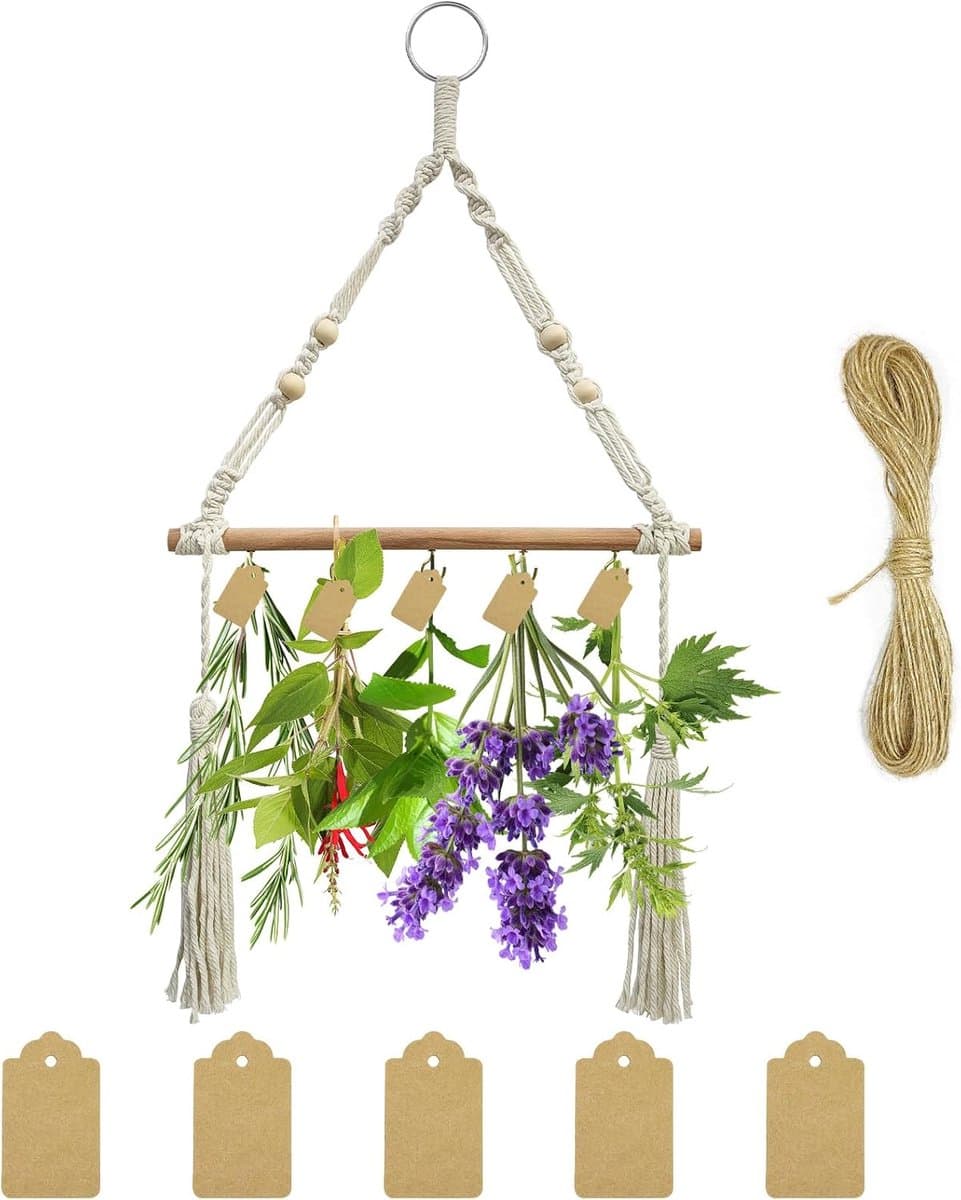 Hout Kruidendroogrek - Inclusief Bruine Cadeaulabels en Natuurlijk Jutetouw - Woondecoratie - Opvouwbaar - Bespaar Ruimte - Voor Het Drogen Van Verse en Aromatische Kruiden - Versier Je Keuken, Terras of Woonkamer — afbeelding 1