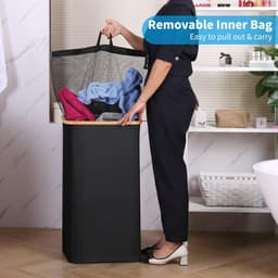 heupwasmand - Luxe Wasmand met Deksel - Bamboe Handgrepen - Verwijderbaar Binnencompartiment - Vouwbaar - Voor Kleding en Speelgoed — thumbnail 3
