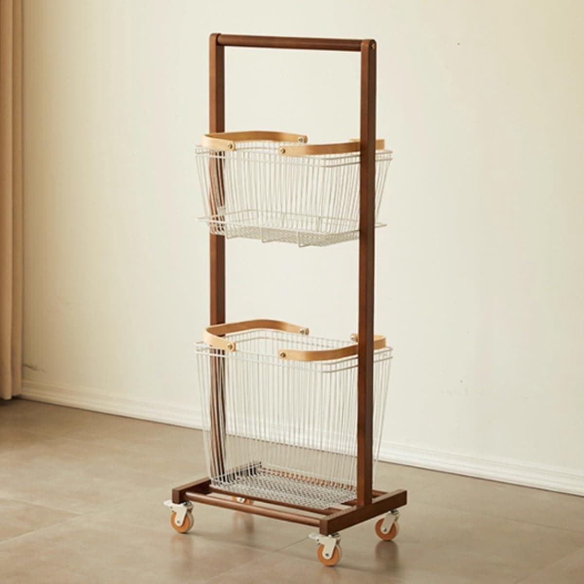 Wasmand met 2 Lagen - Kledingmand Rolbaar - Kleding Sorteren - Afneembare Manden - 127 cm Hoog - Walnoot — afbeelding 1