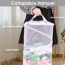 Opvouwbare wasmand met deksel - 33*60 cm - Opvouwbare wasmand - Opbergmand - Witte stofzak - Met handvat - Grote capaciteit - Geschikt voor wasruimtes, badkamers, kinderkamers, studentenkamers, reizen en organiseren - Wit — thumbnail 3