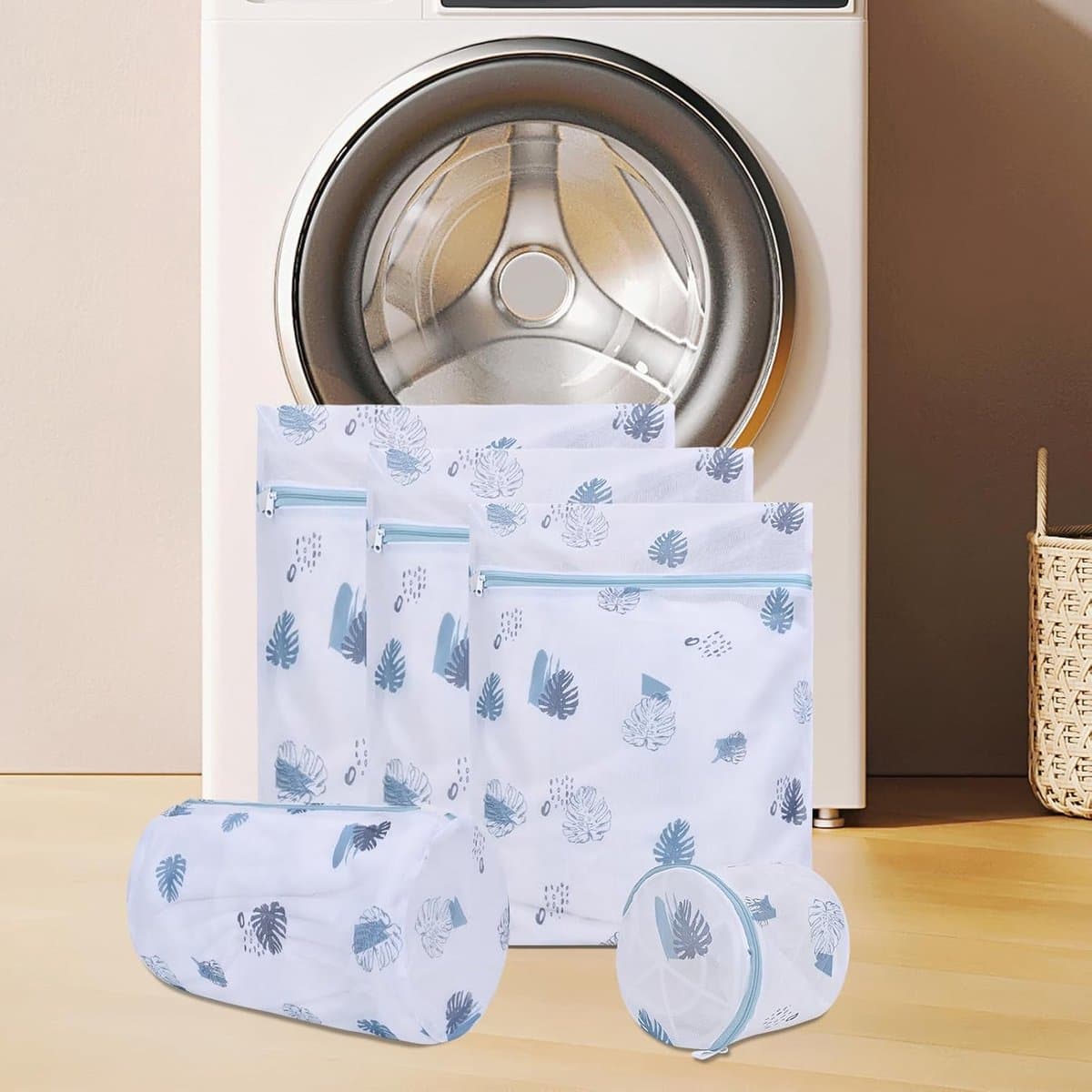Duurzame waszakken van mesh met ritssluiting, machinewasbaar, 5-delige set met bladmotief | Voor delicate blouses, kousen, reisorganizer — afbeelding 1