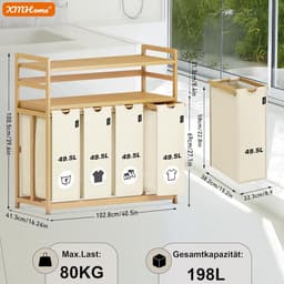 Wasmand met 4 vakken - Kleding Sorteerder - Was Sorteren - Dubbele Bamboe Plank - 198 Liter - Beige — thumbnail 5
