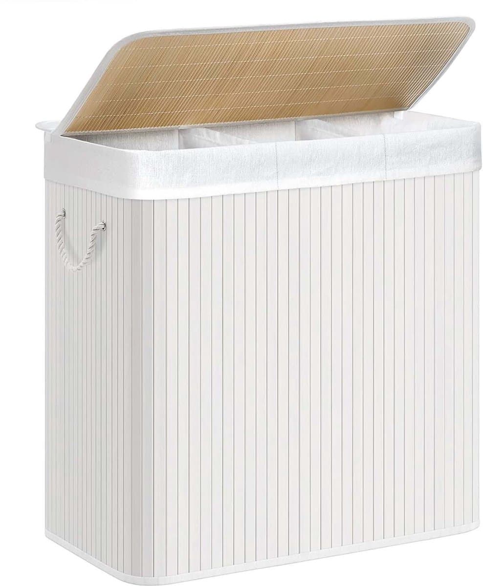 Wasmand Wasgoedmand Opbergmand 60 x 40 x 61,5 cm Wit 150L grote capaciteit met drie vakken en afneembare wasbare binnenzak deksel en handgrepen opvouwbaar en ruimtebesparend geschikt voor wasruimte slaapkamer en badkamer — afbeelding 1
