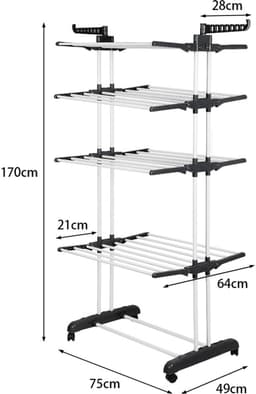 PIPIPOXER- Wasrek Inklapbaar-Droogrek-Staand Droogrek -Uitschuifbare Droogtoren – 4 Verdiepingen – 75 meter Drooglengte- Ruimtebesparend Wasrek -Wastoren Staand- Droogrek op Wielen - Zwart-wit — thumbnail 4