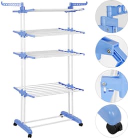 PIPIPOXER- Wasrek Inklapbaar-Droogrek-Staand Droogrek -Uitschuifbare Droogtoren – 4 Verdiepingen – 75 meter Drooglengte- Ruimtebesparend Wasrek -Wastoren Staand- Droogrek op Wielen - blauw en wit — thumbnail 5