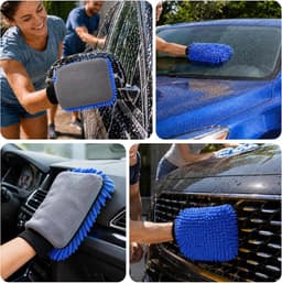 Set van 2 autowashandschoenen, chenille, dubbelzijdig, absorberend en waterdicht, 19 x 26 cm, krasbestendig, voor reiniging van auto/motorfiets, geel + blauw — thumbnail 4
