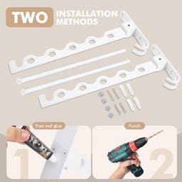 Droogrek voor aan de muur, opvouwbaar, voor balkon, 90 graden draaibaar, voor badkamer, slaapkamer, hotel, wasruimte (wit, 2 stuks + stang) — thumbnail 5