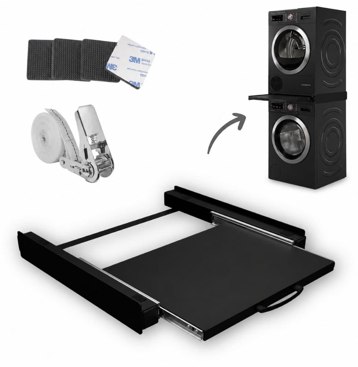 Dastium Home - Zwarte Stapelkit Wasmachine en Droger - Stapelset Wasmachine en Droger - Tussenstuk Wasmachine en Droger - Universeel - Zwart — afbeelding 1