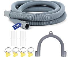 SnelShoppen - 1.5m Afvoerslang Verlenging Wasmachine, Universele Afvoer Hose Set voor Wasmachine, Droger, Vaatwasser met 2 Verlengstukken & 4 Slangkle