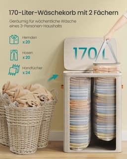 Songmics wasmand, 170 liter, 2 compartimenten, met deksel en handvatten — thumbnail 3