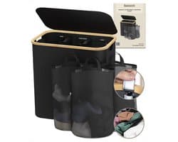 Bellettini® Opvouwbare Wasmand met Deksel - 3 Compartimenten - 600D Oxford Materiaal Wassorteerder - 148 Liter - Zwart