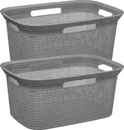 Wasmand van rotan gevlochten - 2x - grijs - kunststof - 45 liter - 59 x 41 x 27 cm — thumbnail 2