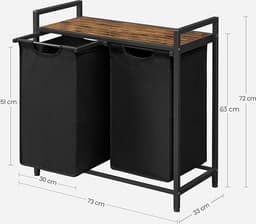 Wasmand, mand met 2 vakken, bak met 2 afneembare zakken van Oxford-stof, metalen frame, 2 x 46 l, 73 x 33 x 72 cm, rustiek bruin en zwart — thumbnail 3