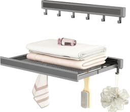 Aan de muur bevestigde kledingdroogrek, opvouwbaar wasdroogrek, 44cm brede aluminium opvouwbare hangende garderobe met 6 handdoekhaken - grijs — thumbnail 1