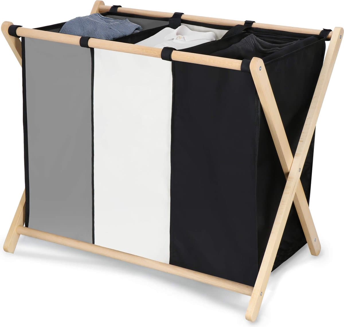 Muntel® Wasmand - Opvouwbaar - Beukenhout - Polyester - 3 Vakken - 105 L - Zwart - Grijs - Ecru — afbeelding 1