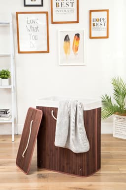Decopatent Bamboe Wasmand - Dubbele Wasmand met deksel - Opvouwbaar - 110 L - Bruin — thumbnail 4