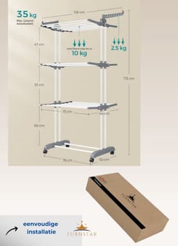 FurnStar - Drying Rack - Standing Drying Rack - 4 levels - Wing Washing Rack - Folding Wings - With Wheels - 64 x 126 x 172 CM — thumbnail 2