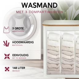 Zolaro Wasmand 3 vakken - Beige - Wassorteerder bamboe - Laundry basket - Wasmand met deksel - 148L — thumbnail 5