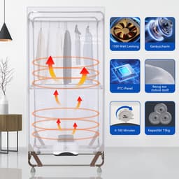 Uten Draagbare elektrische droger Gr886 - 2 lagen droog - Inklapbaar Design - Warmtepompdroger - 1500 W - Timer 0-180 Min - Droogrek met Verwarming - Wasdroger - Tot 10kg wasgoed - Als wasdroger, droogrek en Kledingkast- Hoogte 1.7 M - Grijs — thumbnail 5