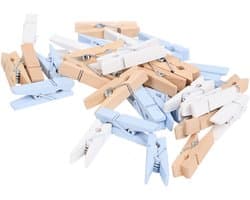 Mini Houten Wasknijpers 32 stuks blank/wit/blauw 3,5 CM - Knijpertjes Mini - Knijpers Mini