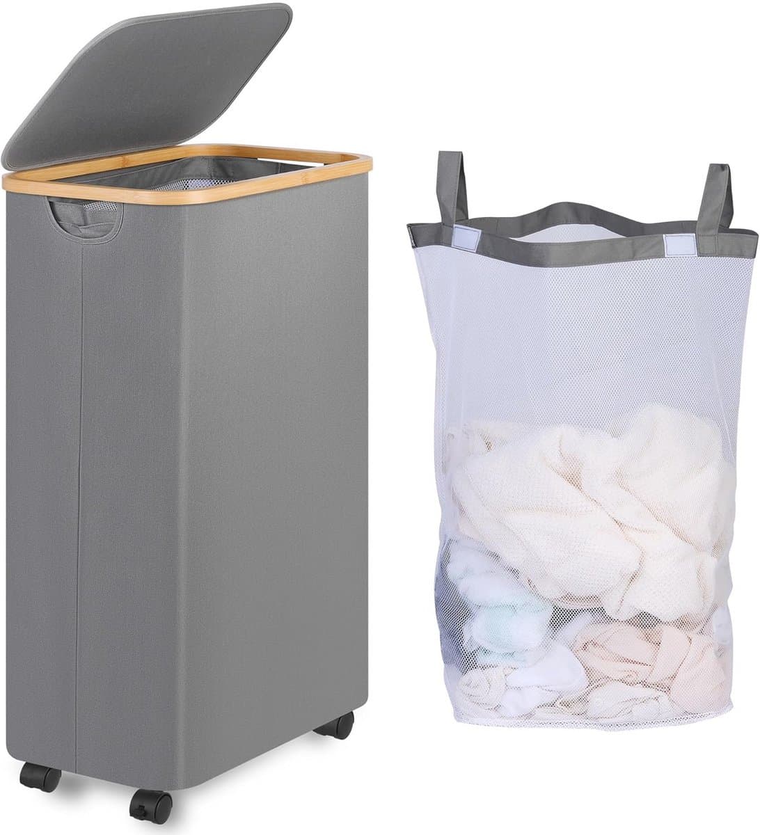 Wasmand met wieltjes - smal - 75 liter - grijs - wasbare binnenzak — afbeelding 1
