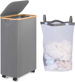 Wasmand met wieltjes - smal - 75 liter - grijs - wasbare binnenzak — thumbnail 1