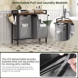 Varnox Wasmand kastje - Wasmandkastje - Tafel met wasmand - Wasmand met 2 vakken - Wassorteerder - Wasmand tafel - Waszak - Badkamerkast - Wasmand meubel - Wasmand rek - Dark oak - Op wielen - Zwart metaal — thumbnail 2