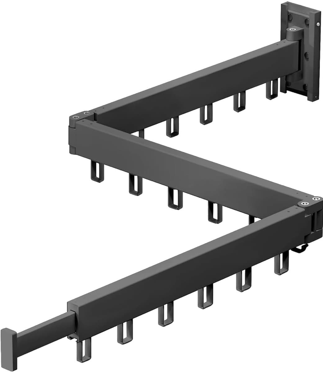PolkaHome® droogrek hangend inklapbaar, wasdroogrek ophangbaar, Wandmontage wasrek, droogrek uitklapbaar, intrekbaar en opvouwbaar kledingophangrek met U-haken, buiten - binnen voor wasruimte, balkon, kast -drievoudig (zwart) — afbeelding 1