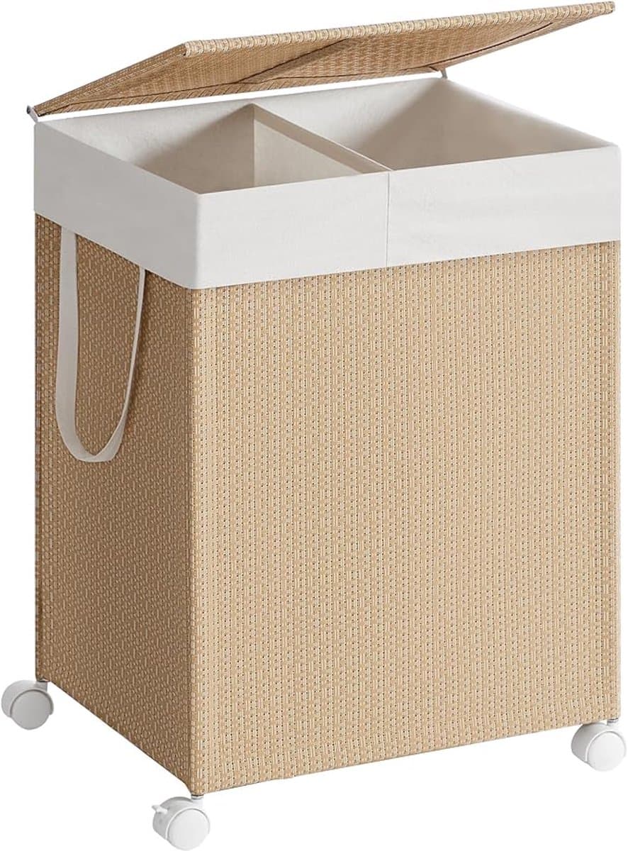 MAZAZU - Wasmand - 2 Compartimenten - Met Wielen - Beige - 46.5x37.5x65 — afbeelding 1