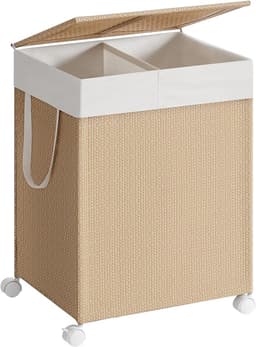 MAZAZU - Wasmand - 2 Compartimenten - Met Wielen - Beige - ‎46.5x37.5x65 — thumbnail 1