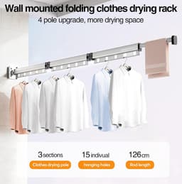 Opvouwbaar droogrek voor wandmontage - ruimtebesparend en roterend - wit - aluminium - 126 cm — thumbnail 5