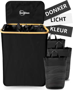 BambiClean Wasmand 3 Vakken - Wassorteerder 145L - 100% Bamboe Wasmand met Deksel - Katoen — thumbnail 1