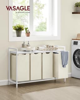VASAGLE Wasmand 4 vakken, wasmand met plank, wasbox, waszak van uittrekbaar verwijderbare Oxford-stof, metalen frame, 4 x 40 L, 116 x 33 x 72 cm, wit — thumbnail 3