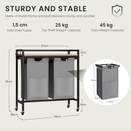 J&R Wasmand kastje - Wasmand met 2 vakken - Wassorteerder - Wasmand tafel - Waszak - Badkamerkast - Wasmand meubel - Wasmand rek - Light oak - Zwart metaal — thumbnail 3