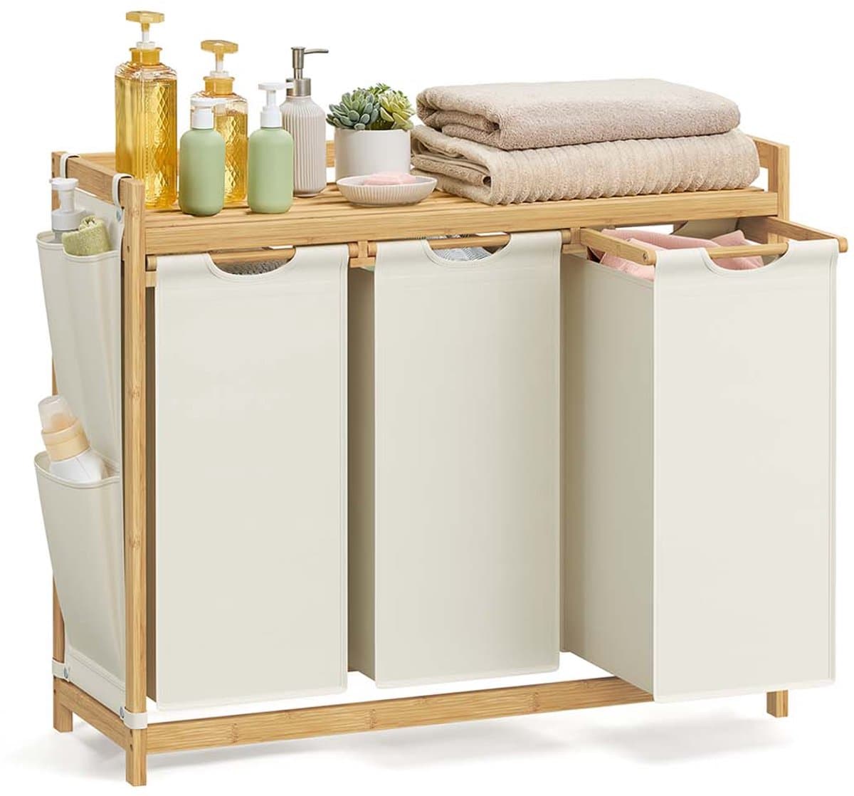 Wasmand 3 Vakken 3 x 50 L 94 x 33 x 78 cm Crèmewit – Grote Opberger — afbeelding 1