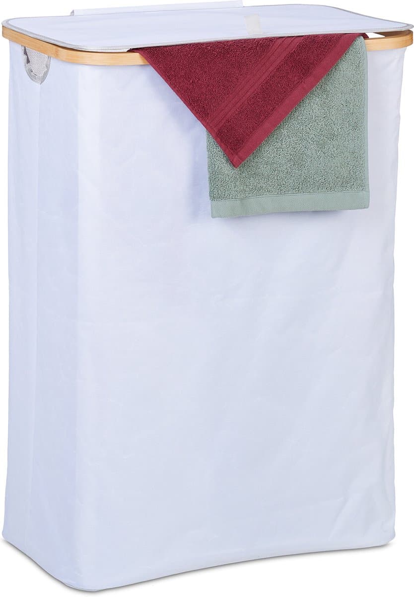 wasmand met deksel - 105 l - bamboe - polyester - opvouwbaar - draagbaar - wit-natuur — afbeelding 1