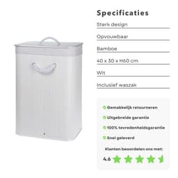 Opvouwbare Wasmand - Opbergmand - Linnenmand - Wasbox - Wassorteerder - Laundry Basket - Wasmand Opvouwbaar - Bamboe Wit - 40x30xH60cm — thumbnail 2