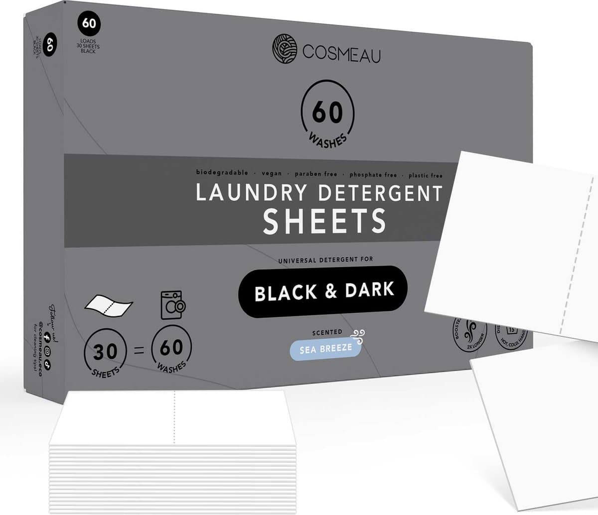 Cosmeau Zwarte Was Wasmiddel Wasstrips 60 Wasbeurten Wasvellen Wasdoekjes Detergent Sheets Wasdoekjes Proefpakket - — afbeelding 1