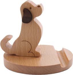 Houten beeldje - Natuurlijk hout - Beeld - Decoratief - Hout - Gsm houder - Zittend hond — thumbnail 3