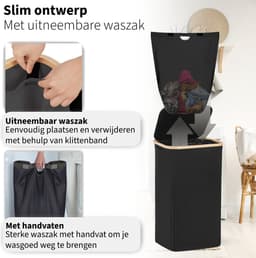 Smalle Wasmand met Deksel en Waszak - 60L - Smal - Wasmand - Opvouwbaar - Opbergmand - Linnen - Zwart — thumbnail 5